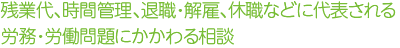 残業代、時間管理、退職・解雇、休職などに代表される労務・労働問題にかかわる相談